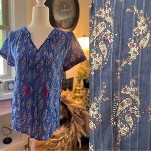 J Jill Blue Paisley Print boho Blouse with Red Tassels